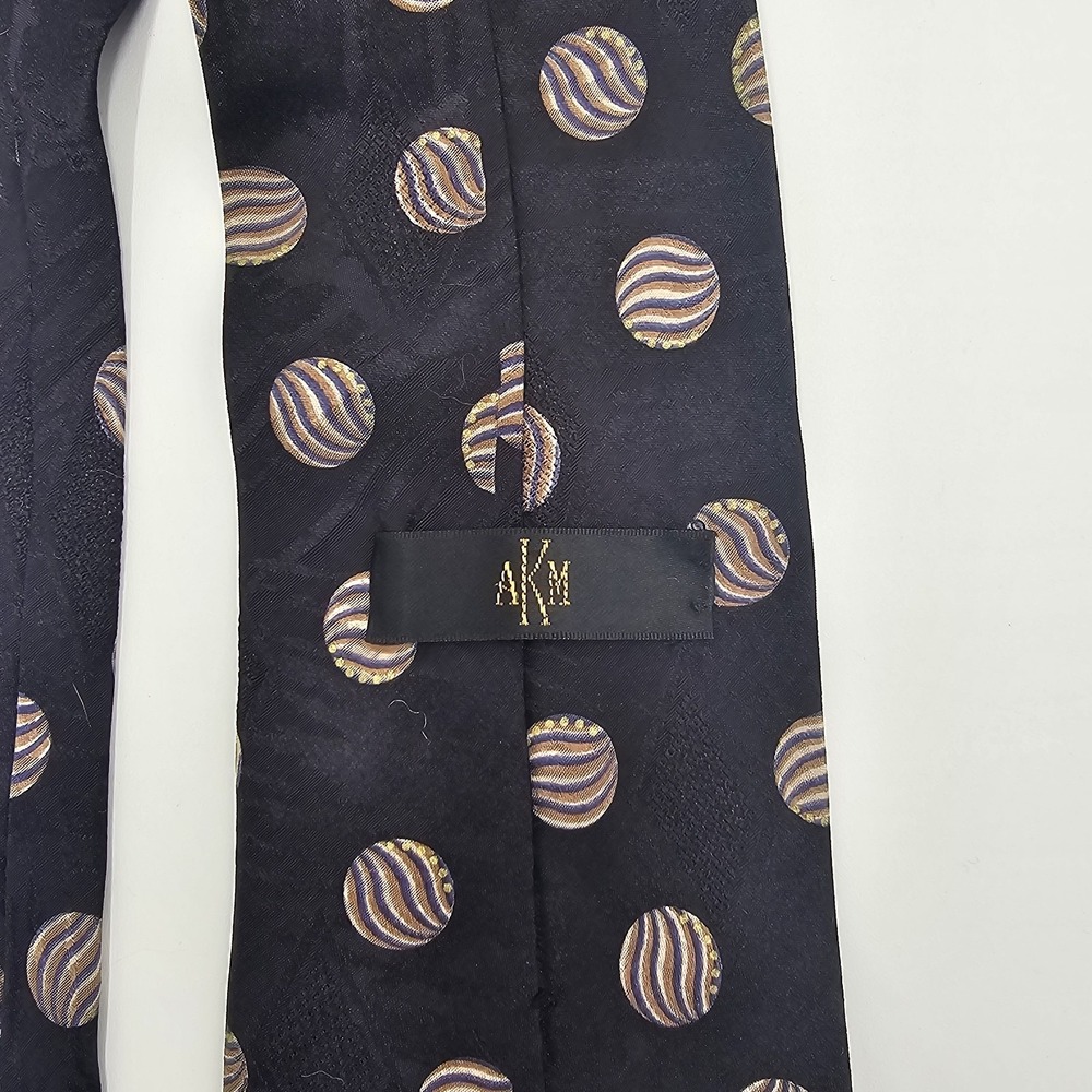 AKM‎ Men's Silk Necktie Black Gold Purple Polka Dot Pattern Made in USA 4" Wide - Picture 3 of 3
